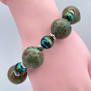Cute Ceramic & Art Glass Beaded Stretch Bracelet Green Brown Blue
